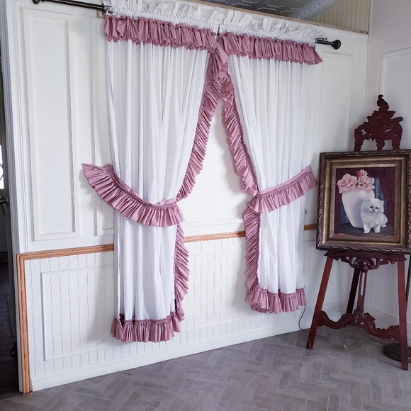 Vtg Priscilla Curtain Panels Pink White Ruffled 168W x 78L Wide Pocket Tie Backs - Picture 12 of 12